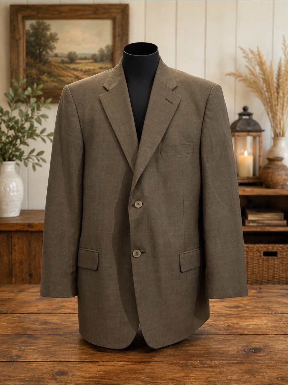 Claiborne Men’s Plaid Sport Coat Blazer Taupe Brown Classic Fit (SJ1)